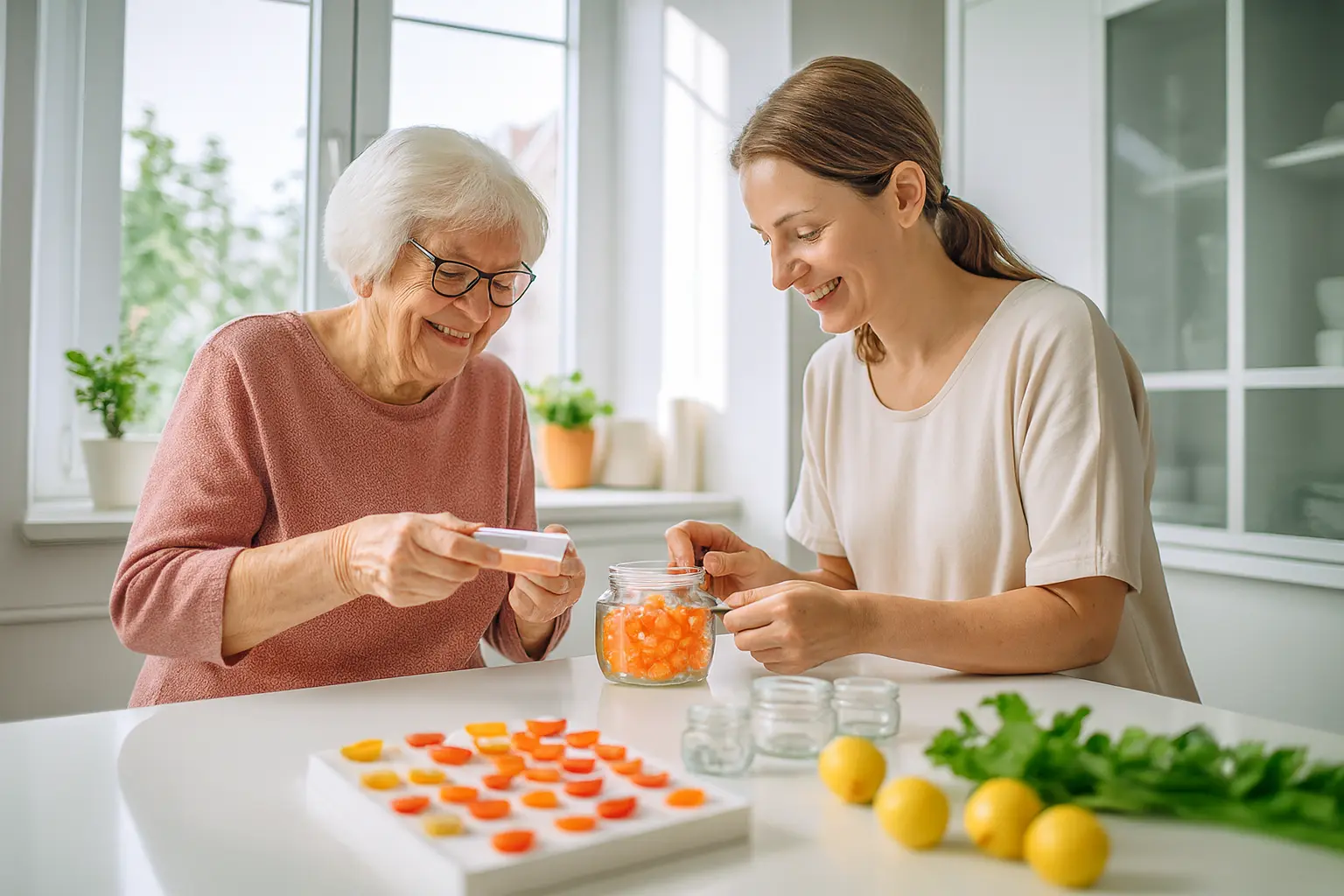 Angehörige in der Seniorenbetreuung Angehörige genießen gemeinsame Zeit mit einem Senior in vertrauter Umgebung.