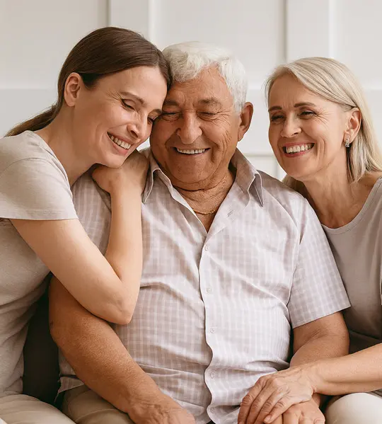 Angehörige in der Seniorenbetreuung Angehörige genießen gemeinsame Zeit mit einem Senior in vertrauter Umgebung.